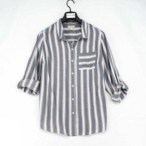 Style & Co Womens Shirt Top Plus 0X Blue Striped Button-Up Long Sleeve Rayon - Picture 2 of 7